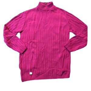 Vintage 1940s -1950s Dark Pink 3/4 Sleeve Acrylic Ribbed Mock Turtleneck Sweater